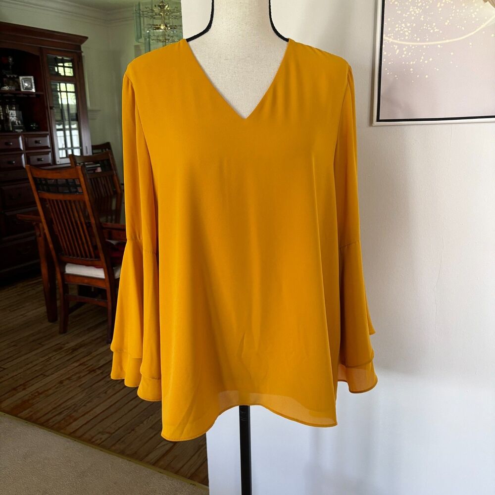 Alfani Layered Bell Sleeve Blouse Mustard Sz 8 V-Neck